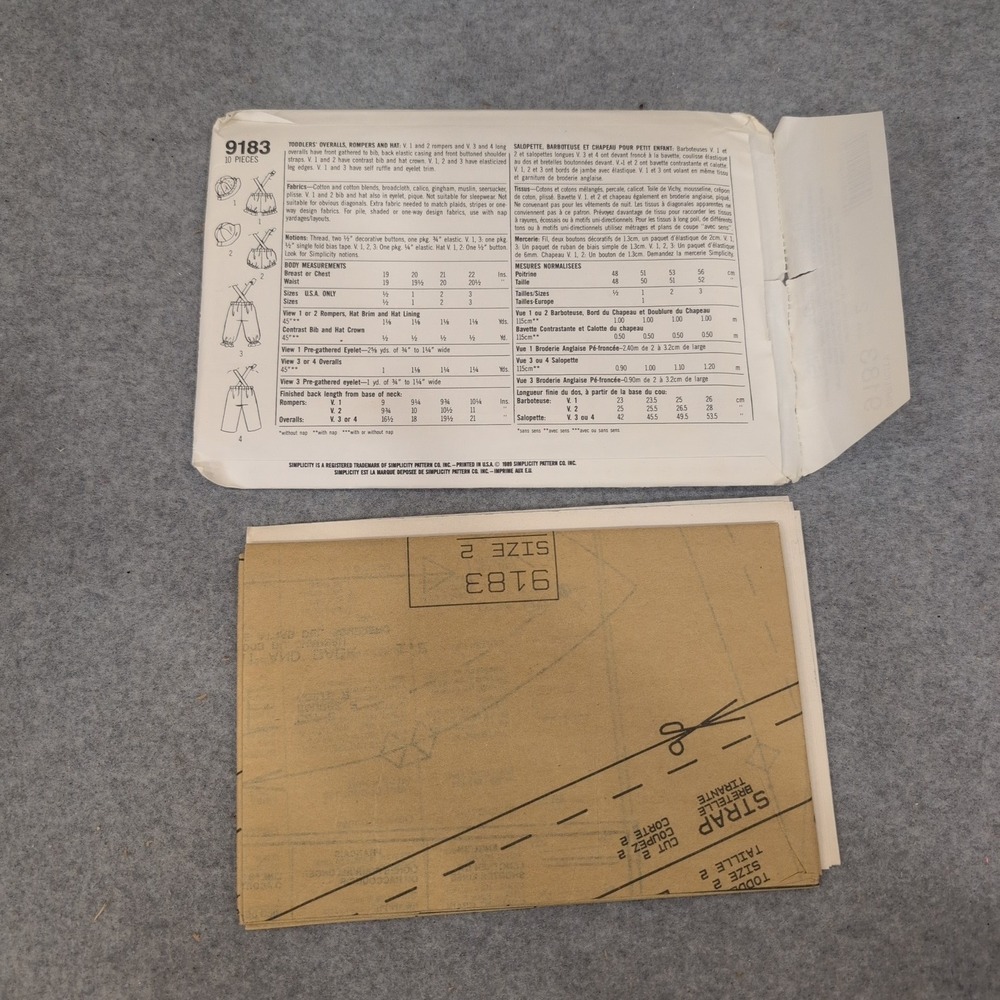 Simplicity 9183 Toddlers Overalls Rompers Hat Sewing Pattern Size 2 Vintage 1989 - Picture 2 of 2